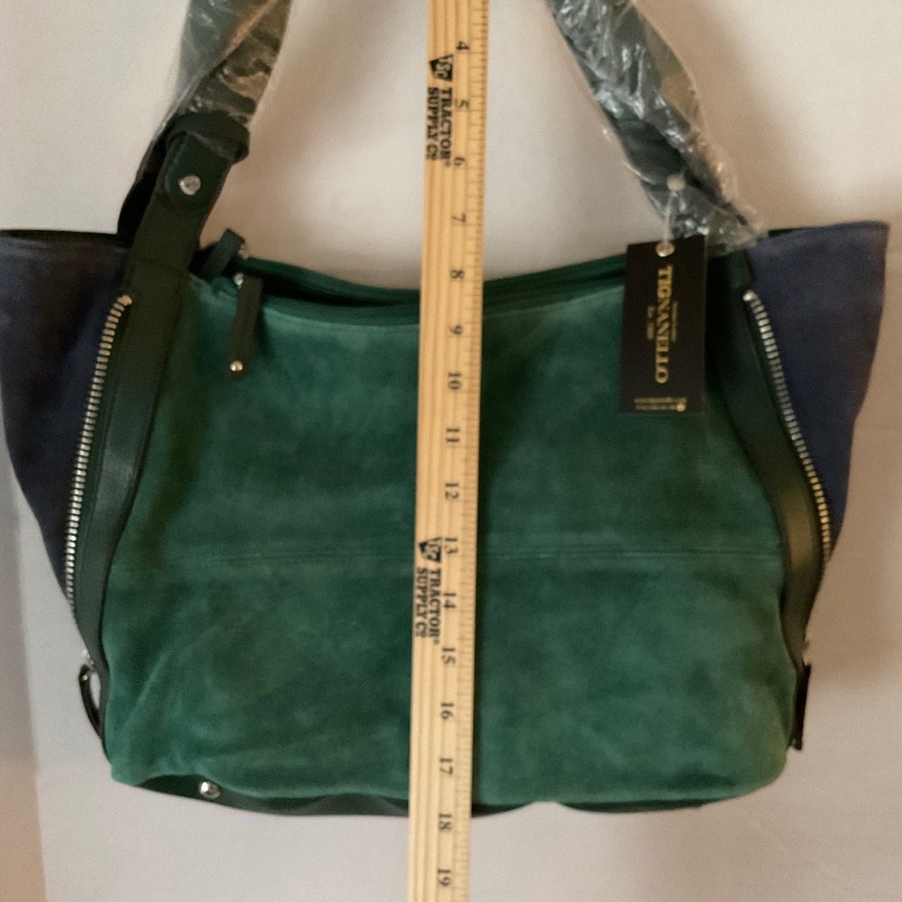 Tignanello Suede Colorblock Shopper Emerald Green Navy Side Zip  NEW - Picture 4 of 11